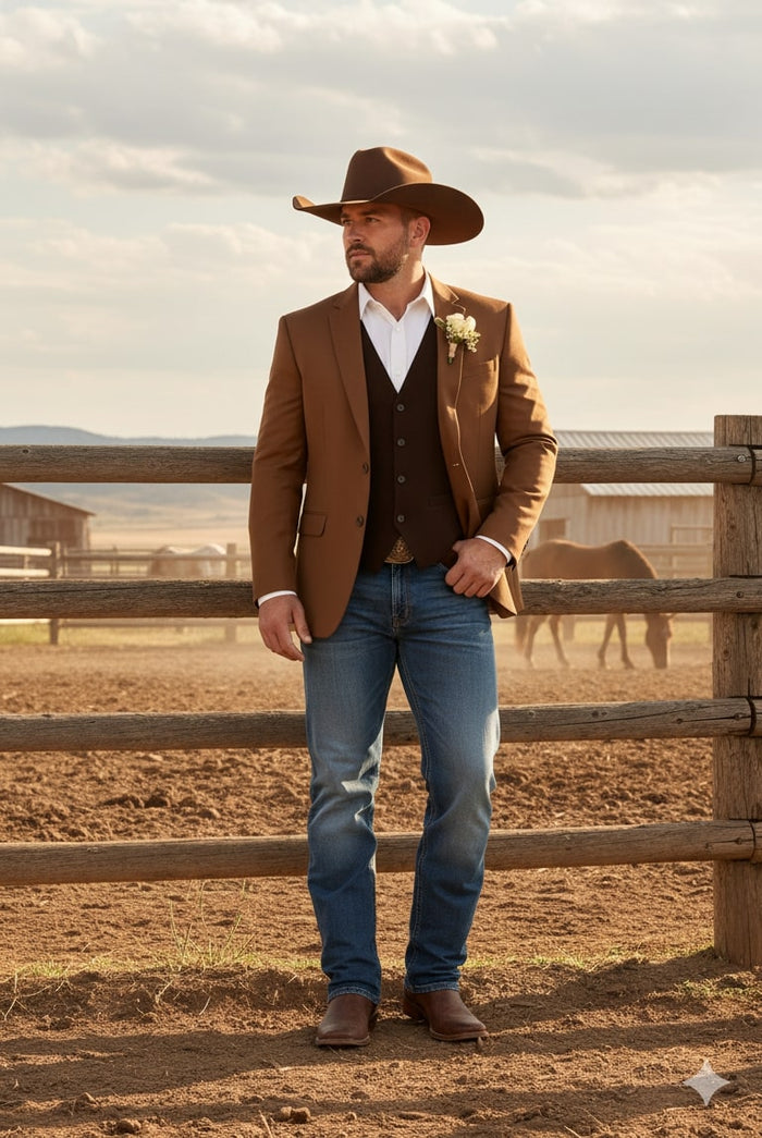 Saco Vaquero Mens Rust Copper Brown Western Blazer – Cowboy Style Classic Tailored Jacket for Weddings, Rodeos and Country Events