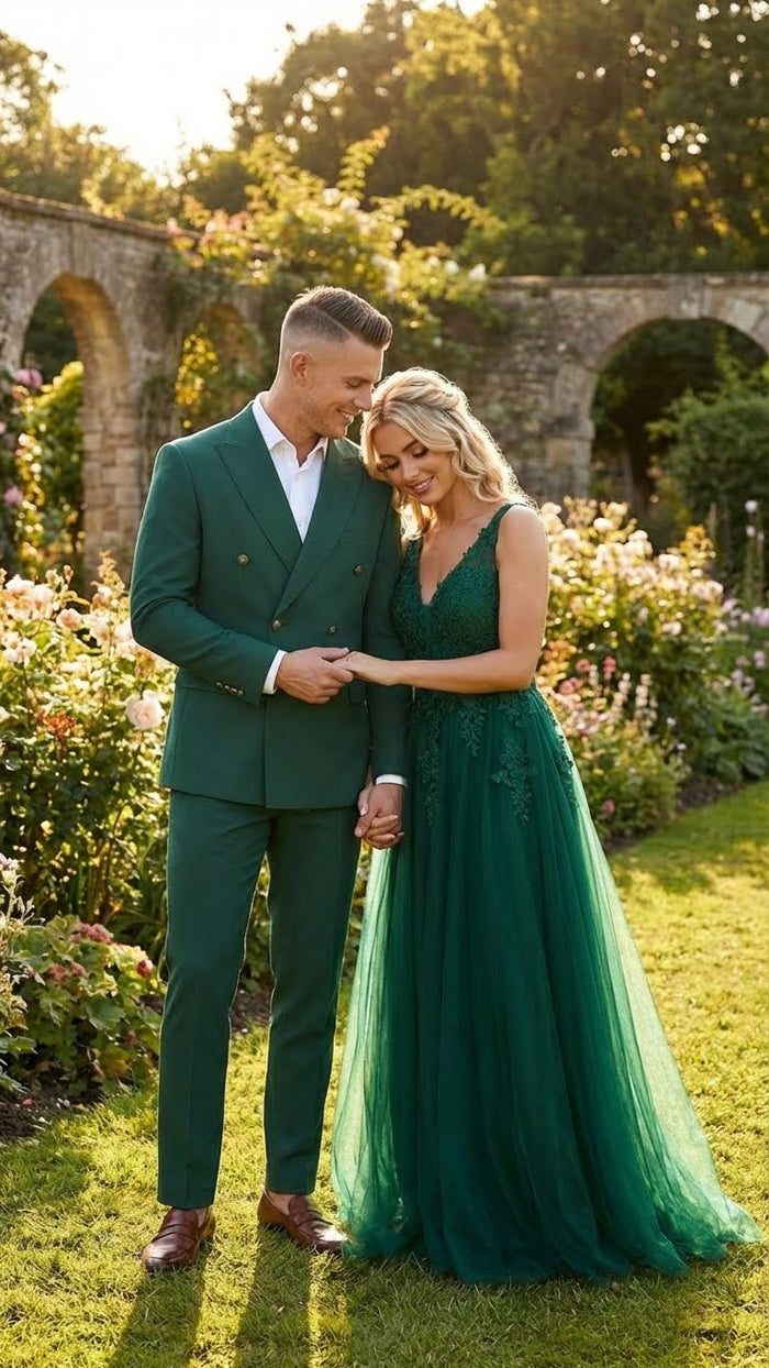 Vitali Brand Men’s Emerald Green Double Breasted Suit - Modern Fit Side Vented by USA Men's Outlet