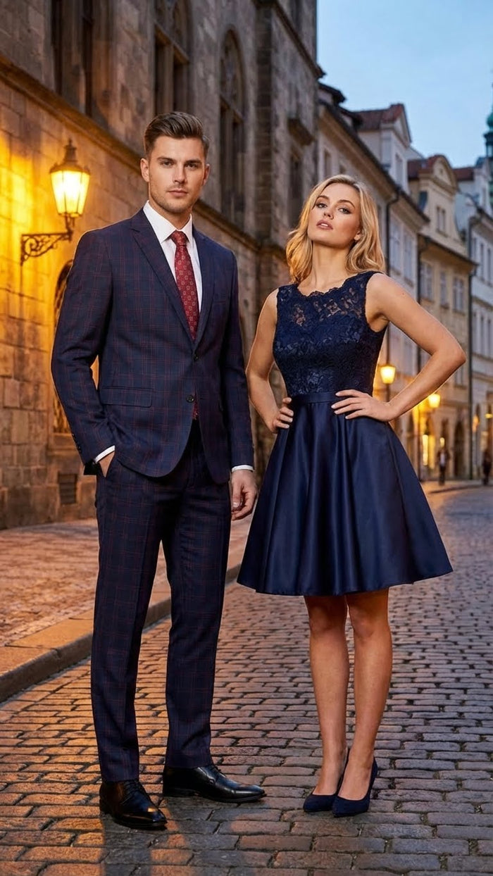 Men’s Navy Blue and Burgundy Checkered Two-Piece Suit Plaid Windowpane - Flat Front Pants or Pleated Wide Leg Pants - 100% Wool USA Men's Outlet