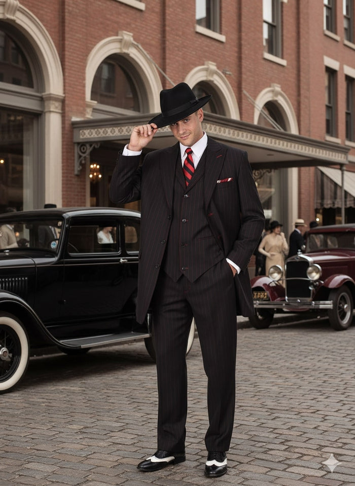 Mens Black and Red Pinstripe Zoot Suit - 1920s Gangster Vintage 3-Piece Suit for Formal, Prom, and Themed Events by USA Men's Outlet