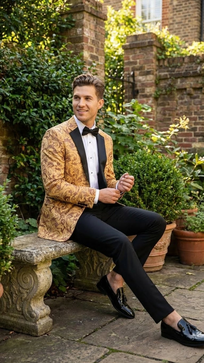Men’s Yellow Gold Baroque Pattern Tuxedo Blazer Suit - Party and Wedding Jacket Prom Paisley Black Pants USA Men's Outlet