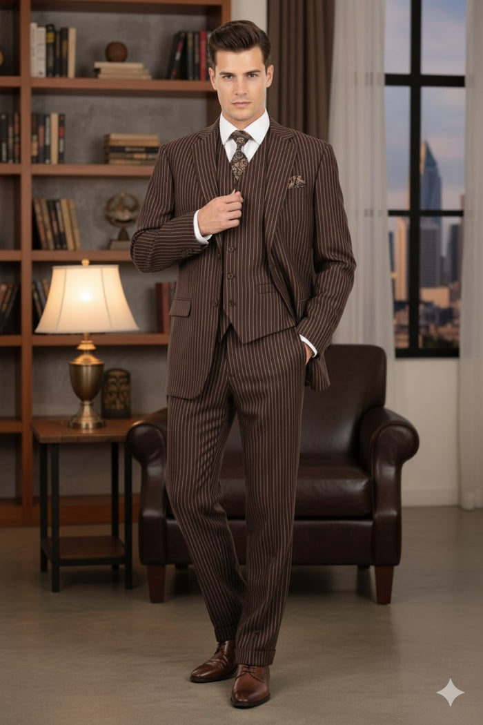 Men’s Brown Pinstripe 3-Piece Suits - Classic Business and Formal Wear with Vest by USA Men's Outlet