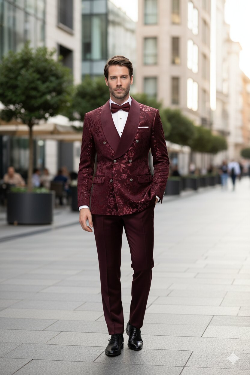 Men’s Burgundy Floral Jacquard Tuxedo Dinner Jacket – Paisley Velvet Lapel Formal Wear for Weddings and Prom