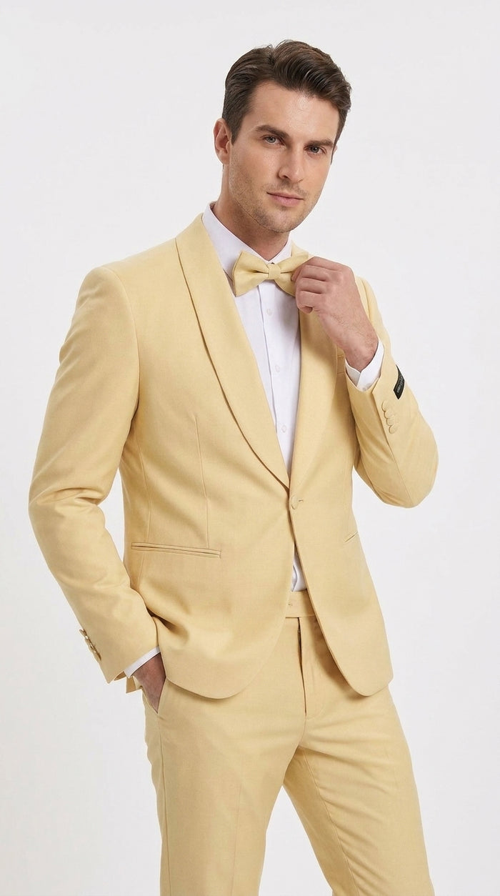 Men’s Light Yellow Shawl Lapel Tuxedo – Modern Wedding, Prom & Groom Formal Suit + Matching bowtie