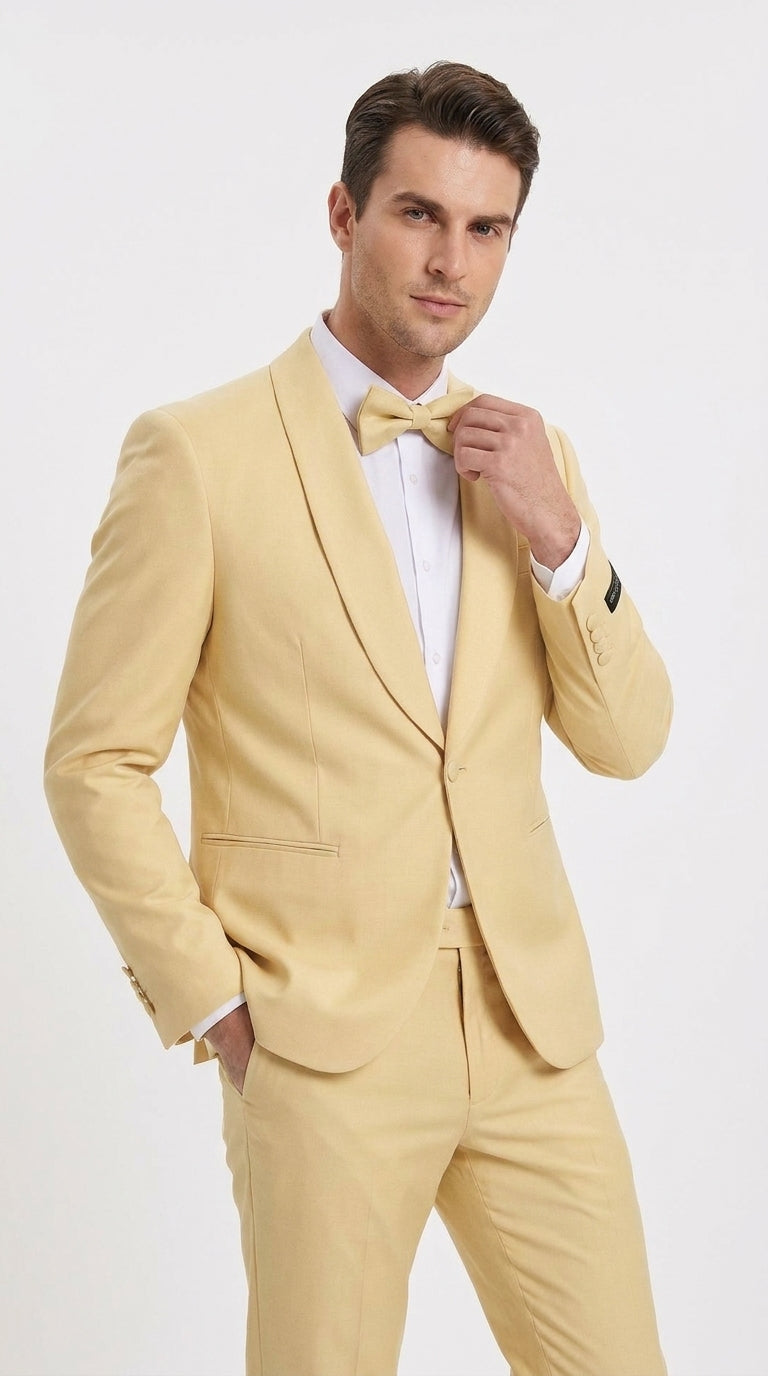 Men’s Light Yellow Shawl Lapel Tuxedo – Modern Wedding, Prom & Groom Formal Suit + Matching bowtie