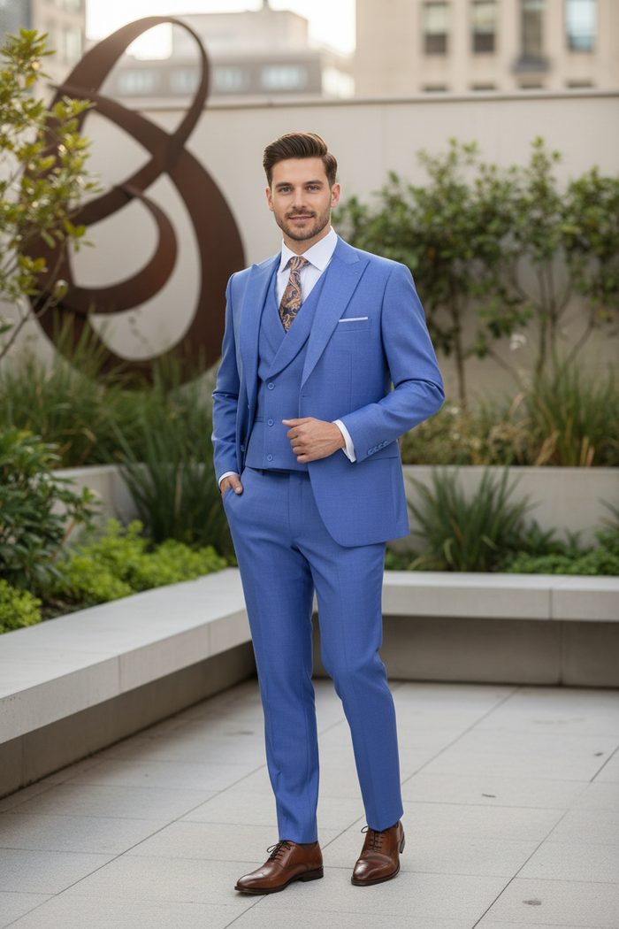 Men’s Light Blue Double-Breasted 3-Piece Suit Set - Tailored Fit Formal Business Suit in Steel Blue Sky Blue Color by USA Men's Outlet