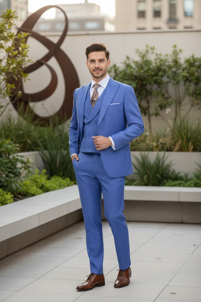 Men’s Light Blue Double-Breasted 3-Piece Suit Set - Tailored Fit Formal Business Suit in Steel Blue Sky Blue Color by USA Men's Outlet