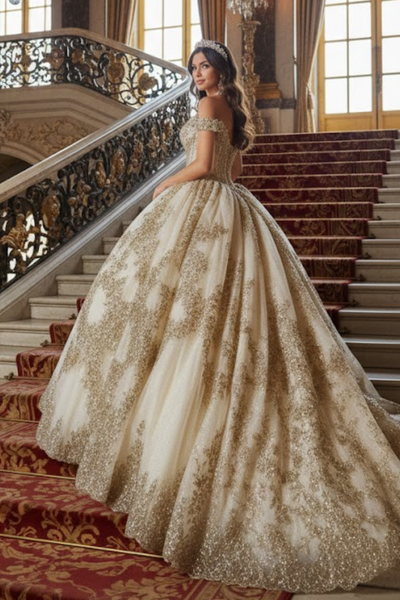 Applique Off Shoulder Quinceanera Dress Corset Ball Gown with Train by Bella Princess PQ1055