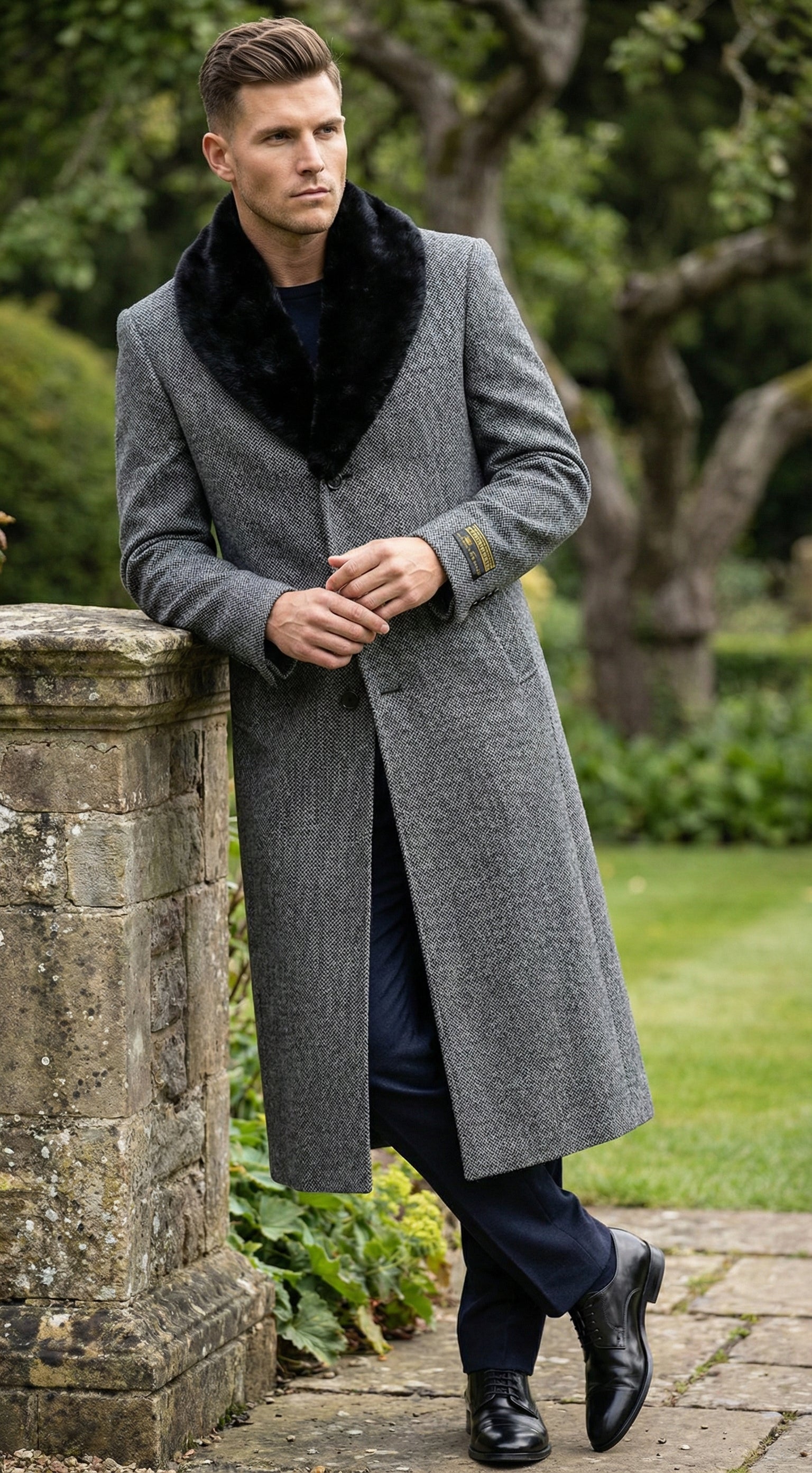 Men's Grey Herringbone Tweed Long Overcoat with Black Faux Fur Collar, Classic Winter Topcoat