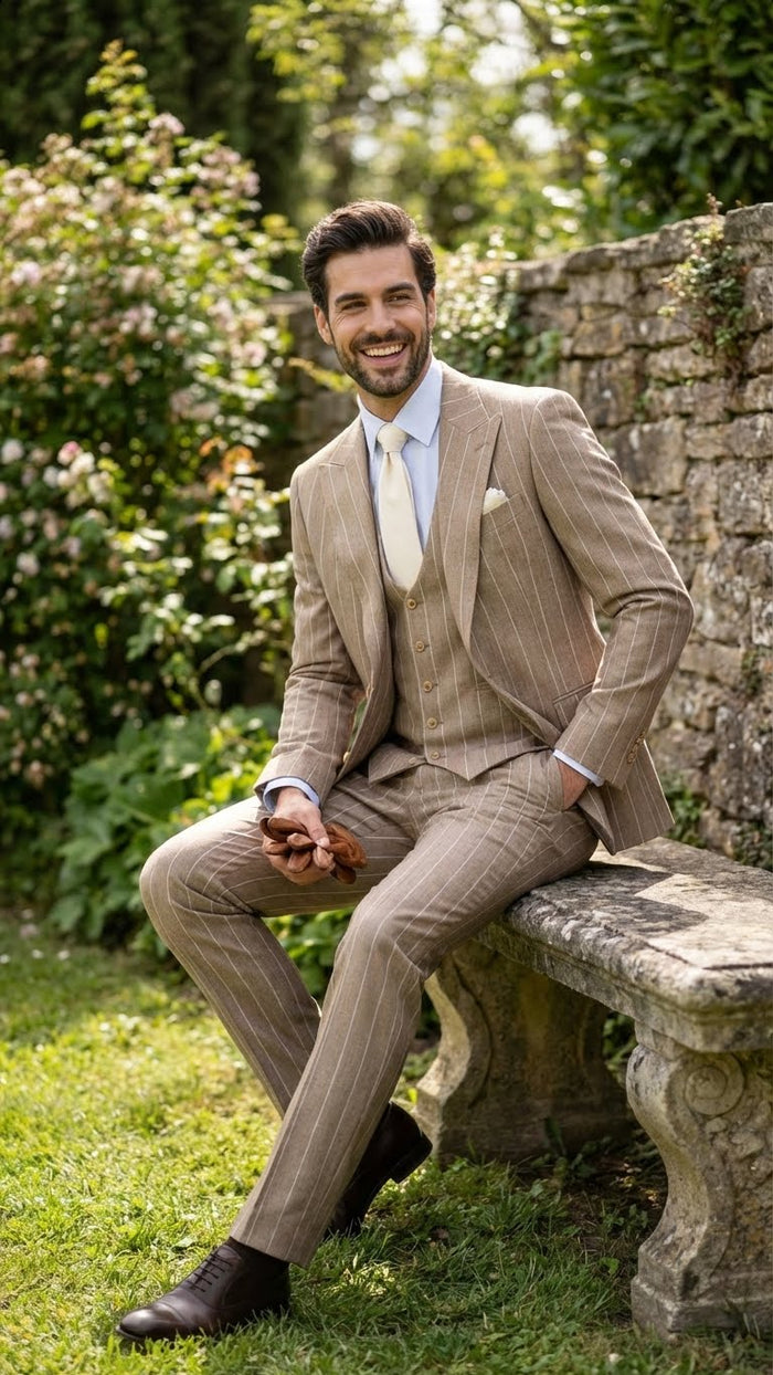 Men's Beige Pinstripe Three-Piece Vested Suit - Tailored Fit Business Attire in Tan Stripe by Rossiman USA Men's Outlet