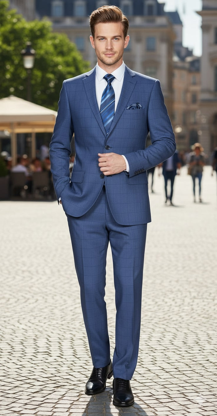 Mens Indigo Navy Blue Windowpane Check Suit - Classic 2-Piece Formal Business and Wedding Wear Set in Cobalt Blue by USA Men's Outlet