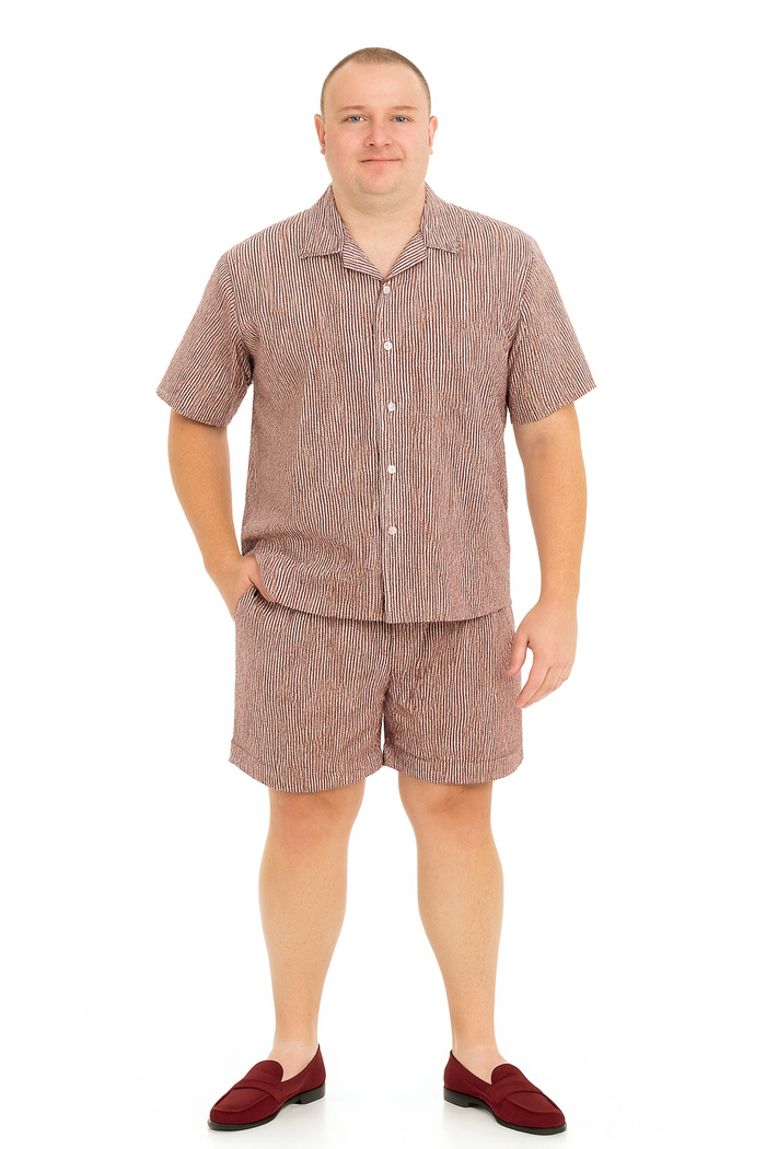 Men’s Burgundy Reddish Seersucker Short Set Walking Suit - Two-Piece Cuffed Shorts with Expandable Waist by USA Men's Outlet