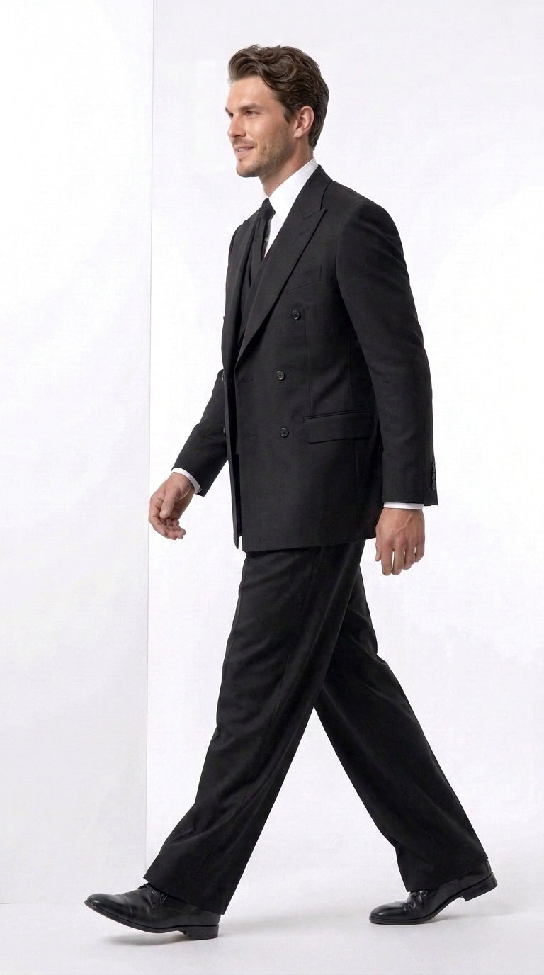Tiglio Rosso Men’s Black Super 150’s Italian Wool 3-Piece Suit – Double-Breasted Jacket, Vest and Wide-Leg Pleated Pants