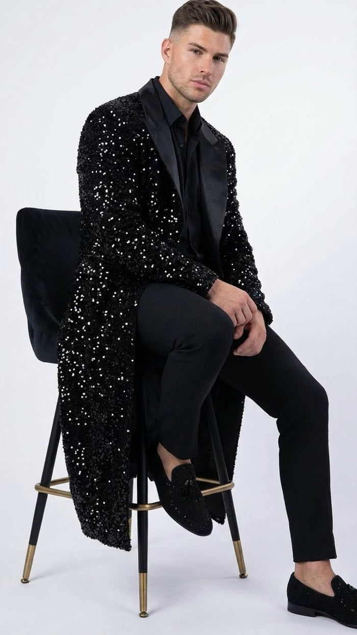 Men’s Black Sequin Long Coat with Satin Shawl Lapel - Luxury Statement Evening Overcoat USA Men's Outlet