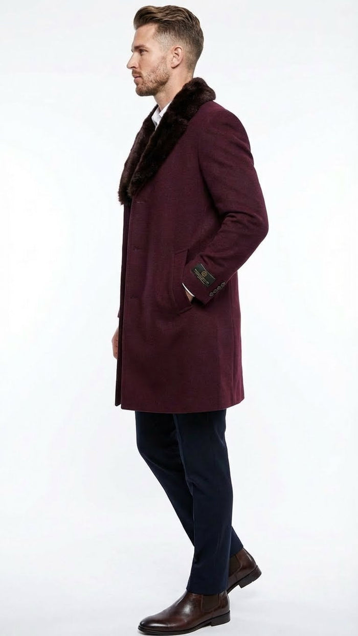 Men’s Burgundy Three Quarter Coat with Faux Fur Collar Overcoat - Luxury Winter Outerwear Three Quarter Carcoat Topcoat by USA Men's Outlet
