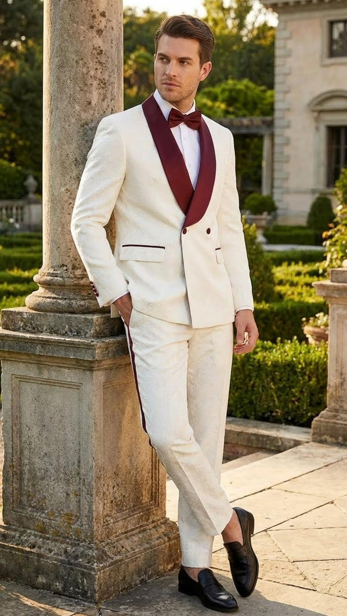 Men's Ivory And Burgundy Jacquard Tuxedo Suit Luxury Slim Fit 3-piece Formal Wedding, Prom 2026, Gala Outfit Cream Off White Color Usa Outlet 34 Short