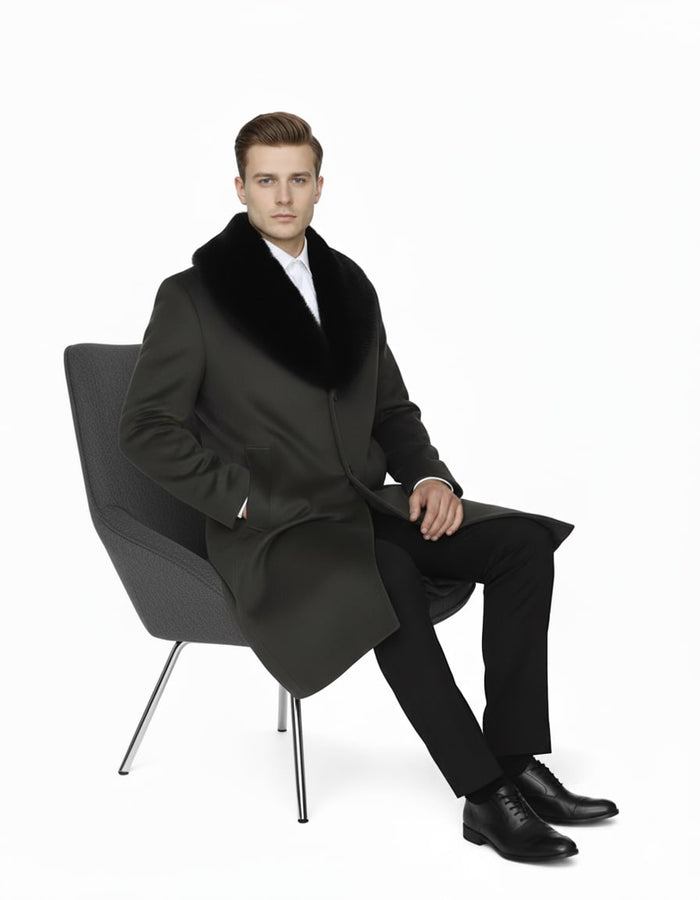 Mens Full Length Olive Overcoat with Black Fur Collar - Luxury Wool Fabric Winter Long Coat in Hunter Green by USA Men's Outlet