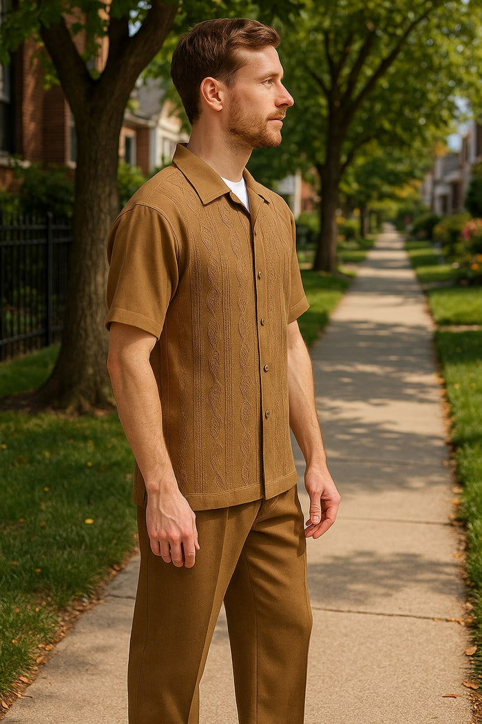 Mens Mocha Brown Short Sleeve Knit Walking Suit - Two-Piece Casual Button Down Set in Taupe Coffee Color USA Men's Outlet