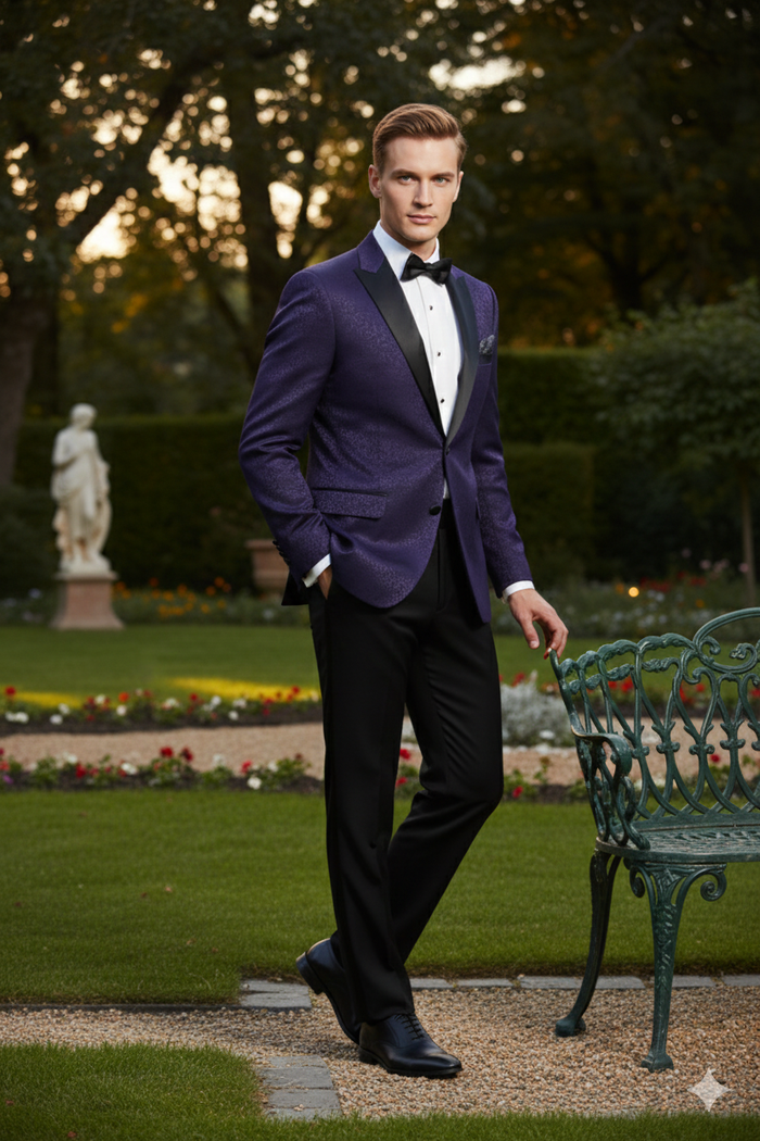 Men’s Purple Paisley Tuxedo Jacket - Ultra Slim Fit Dinner Blazer with Black Satin Peak Lapel by USA Men's Outlet