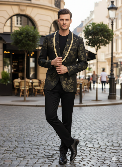 Men’s Black and Gold Embroidered Luxury Blazer - Designer Floral Pattern Wedding & Party Jacket (Sim534) by USA Men's Outlet