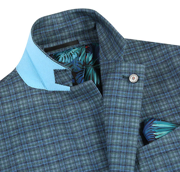 Half Canvas Slim Fit Blazer in Green Blue Check by Pellagio