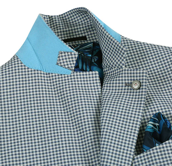 Half Canvas Slim Fit Blazer in Sage Blue Check by Pellagio