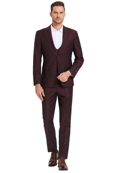 Men's Burgundy Windowpane Sharkskin Suit with Vested Peak Lapel