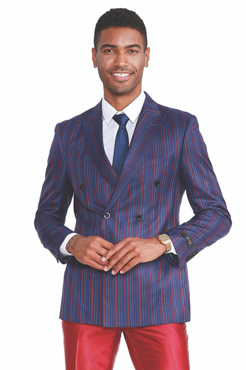 Men's Slim Fit Double Breasted Navy Suit with Red Pinstripes and Satin Pants
