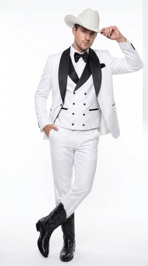 Men’s White and Black Western Wedding Tuxedo – Cowboy Style 3-Piece Traje para Boda with Double-Breasted Vest