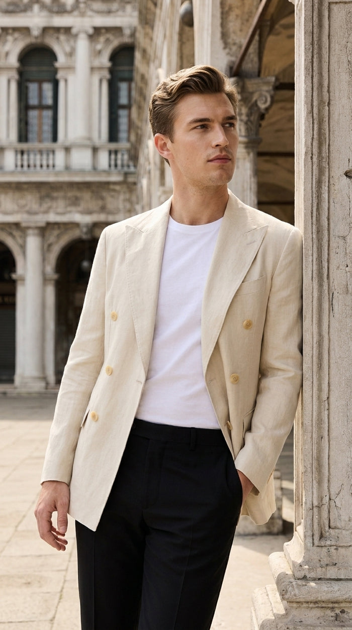 Men’s Cream Double Breasted Blazer – Ivory 6 Button Formal Wedding Sport Coat Off White color
