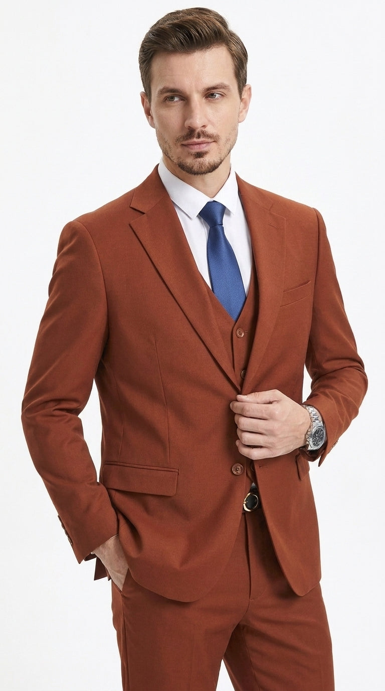 Stacy Adams Burnt Orange Suit – Men’s Rust 3-Piece Wedding & Formal Suit with Vest