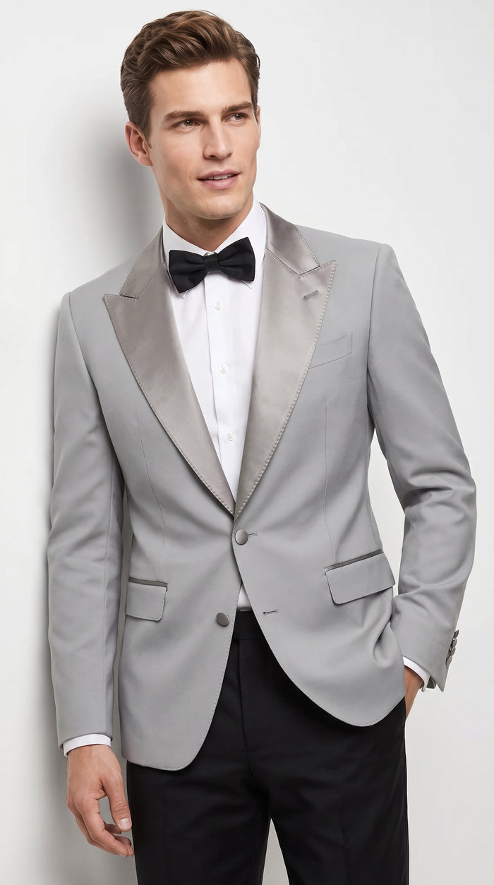 Men’s Silver Dinner Jacket – Satin Peak Lapel Tuxedo Blazer for Weddings, Prom & Formal Events in color silver grey