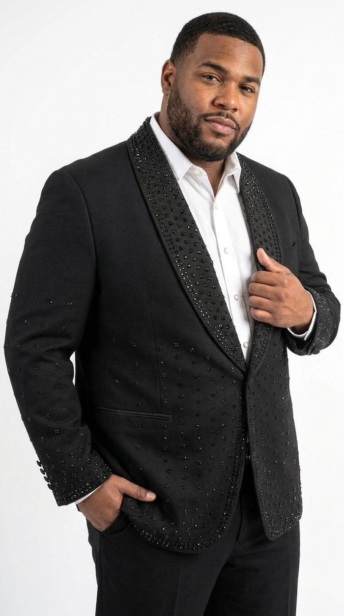Men’s Black Western Blazer – Cowboy Tuxedo Jacket with Studded Shawl Collar with Glitter Lapel Rhinestone Lapel