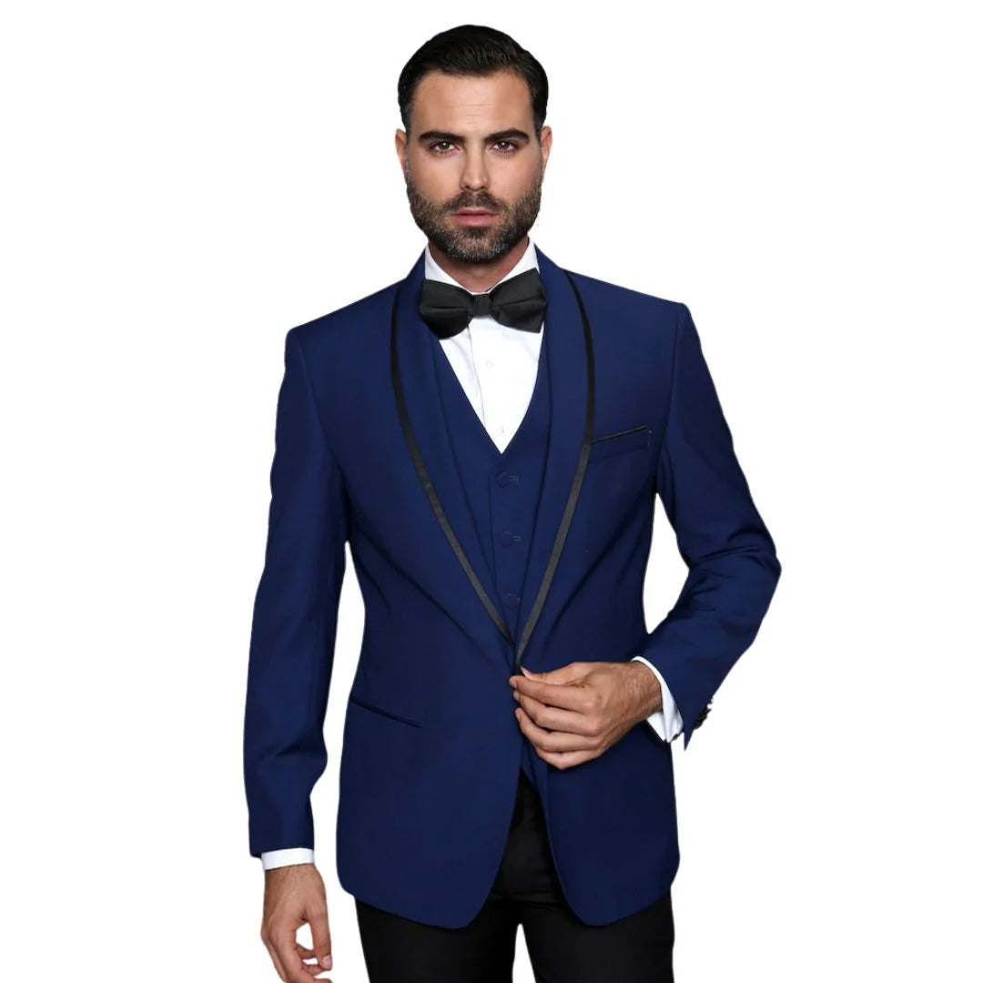 3-Piece Tailored Fit Wool Suit with Bow Tie and Flat Front Pants - Navy – SuitUSA