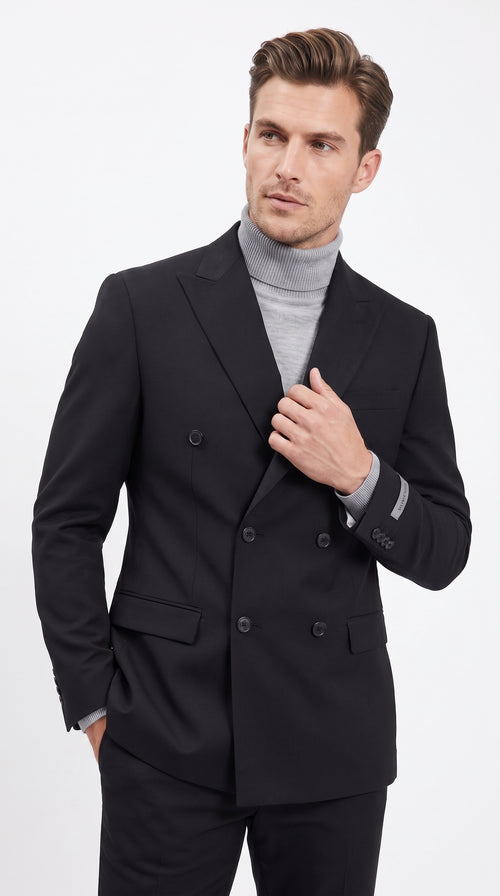 Men's Designer Stacy Adams Classic Double Breasted Suit in Black  Peak Lapel Slim fit