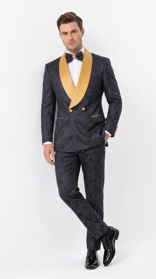 Men’s Black and Gold Hollywood Tuxedo – Double-Breasted Shawl Lapel Prom, Wedding and Formal Suit