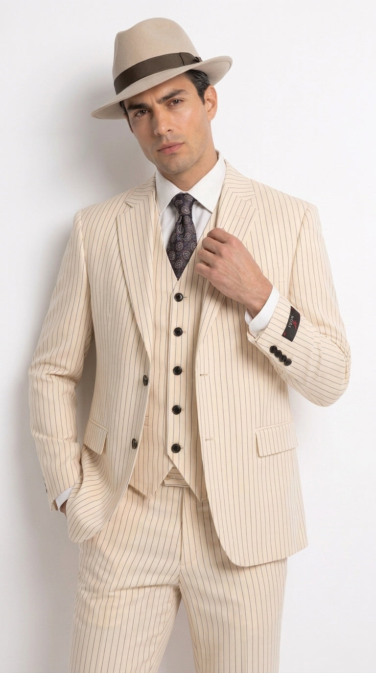 Men’s Ivory Cream Pinstripe Scarface Suit – Vintage Gangster Modern Fit 3-Piece Wedding Suit