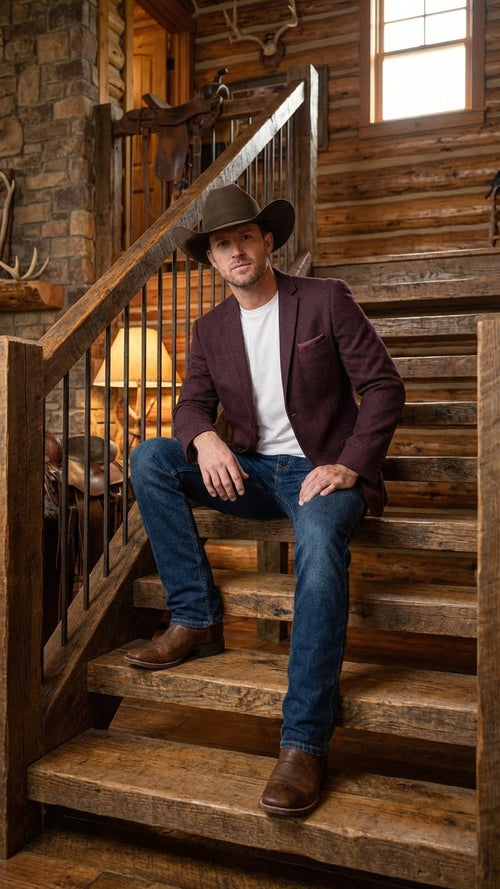 Men’s Burgundy Western  Blazer Jacket, Textured Cowboy Style Sport Coat for  - Tweed Herringbone Maroon Color