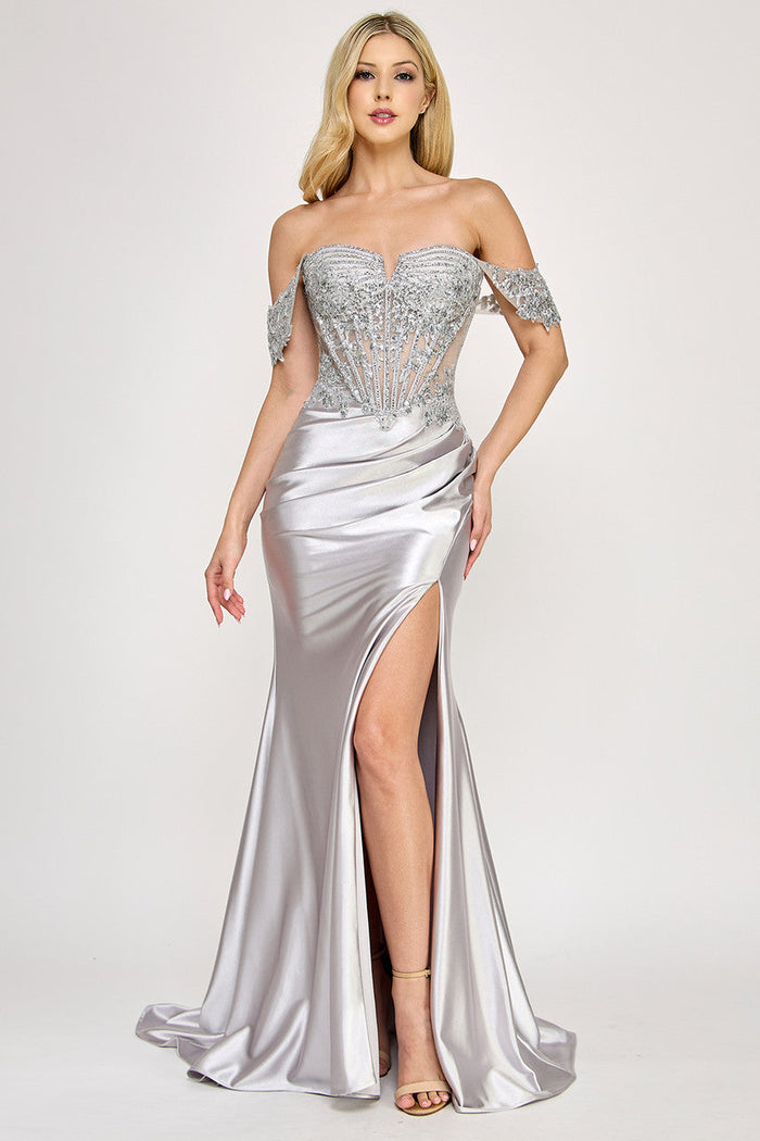 Lenovia 8398 Beaded Sateen Off Shoulder Slit Formal Dress