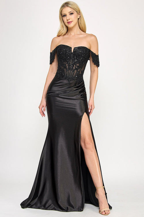 Lenovia 8398 Beaded Sateen Off Shoulder Slit Formal Dress