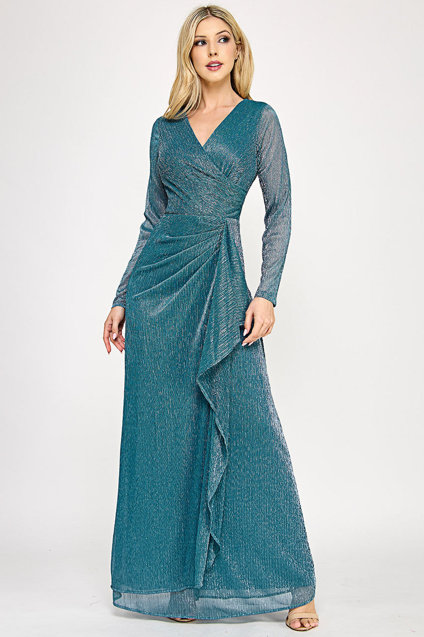 Glitter Mesh Long Sleeve V-Neck Evening Gown with Draped Waist Detail By Lenovia 5324