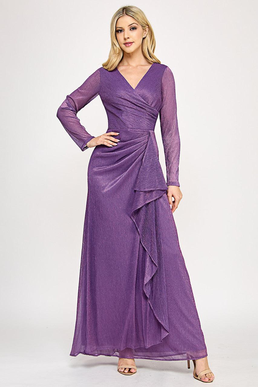 Glitter Mesh Long Sleeve V-Neck Evening Gown with Draped Waist Detail By Lenovia 5324