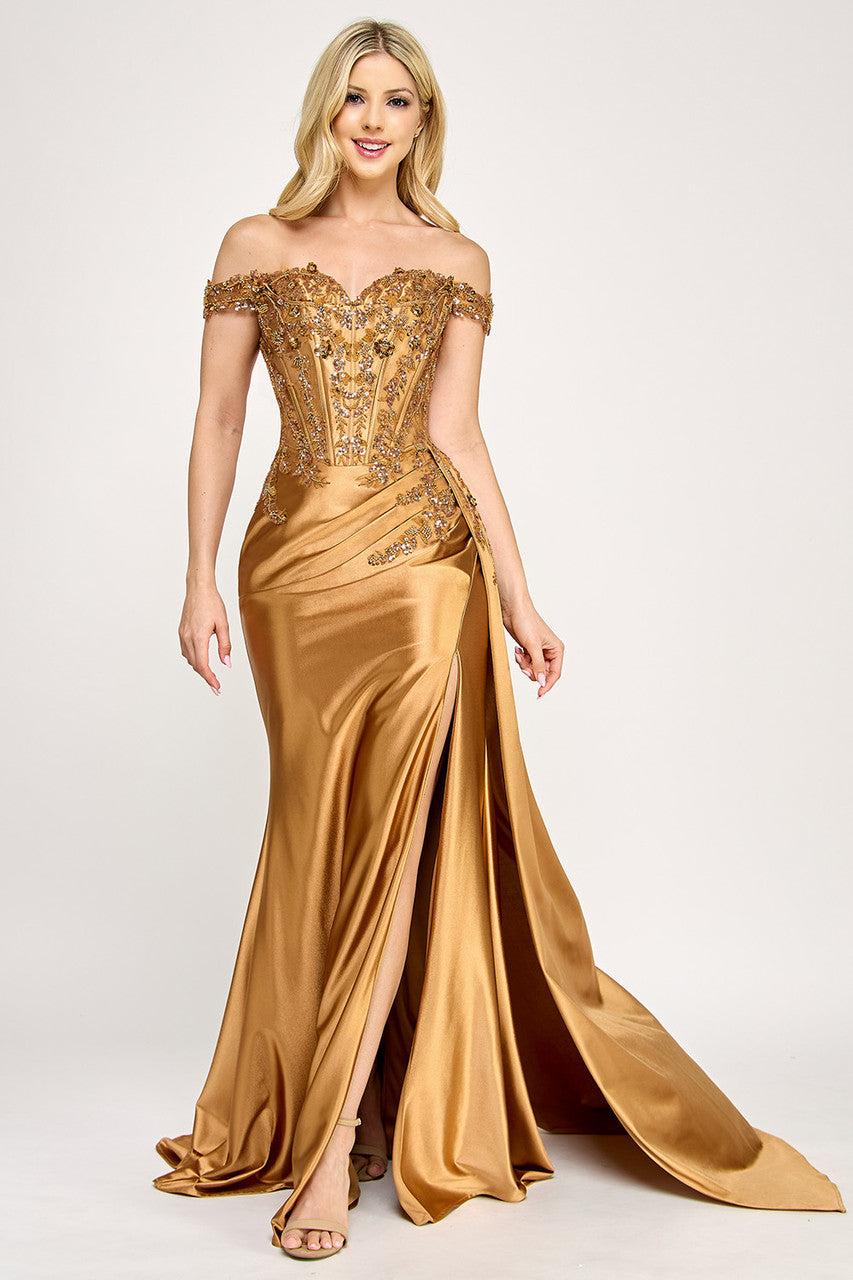 Lenovia 8397 Off Shoulder Sateen Dress with Applique and Slit