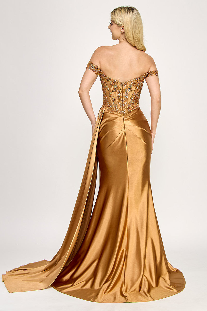 Lenovia 8397 Off Shoulder Sateen Dress with Applique and Slit