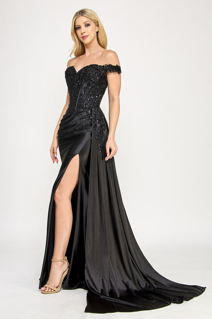 Lenovia 8397 Off Shoulder Sateen Dress with Applique and Slit