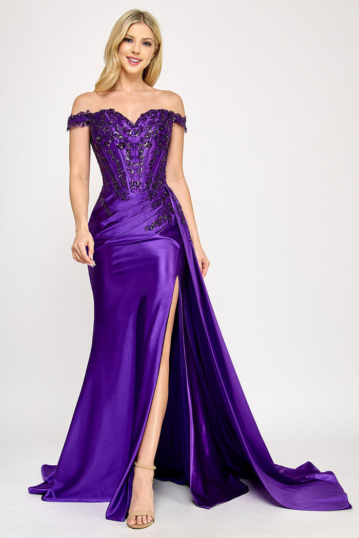 Lenovia 8397 Off Shoulder Sateen Dress with Applique and Slit