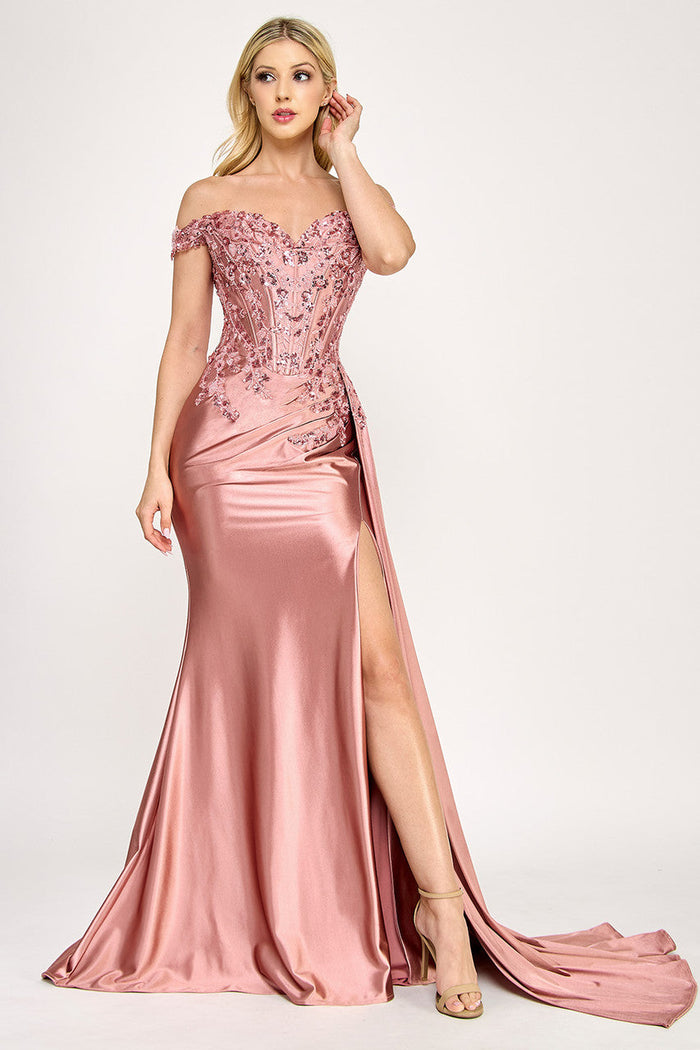 Lenovia 8397 Off Shoulder Sateen Dress with Applique and Slit
