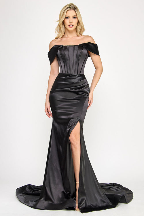 Off Shoulder Satin Mermaid Evening Gown with Corset Bodice Slit & Train by Lenovia 8359