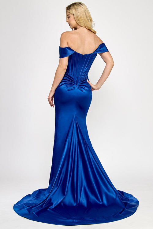 Off Shoulder Satin Mermaid Evening Gown with Corset Bodice Slit & Train by Lenovia 8359