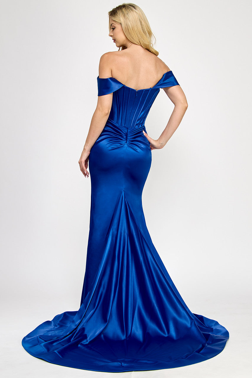 Off Shoulder Satin Mermaid Evening Gown with Corset Bodice Slit & Train by Lenovia 8359